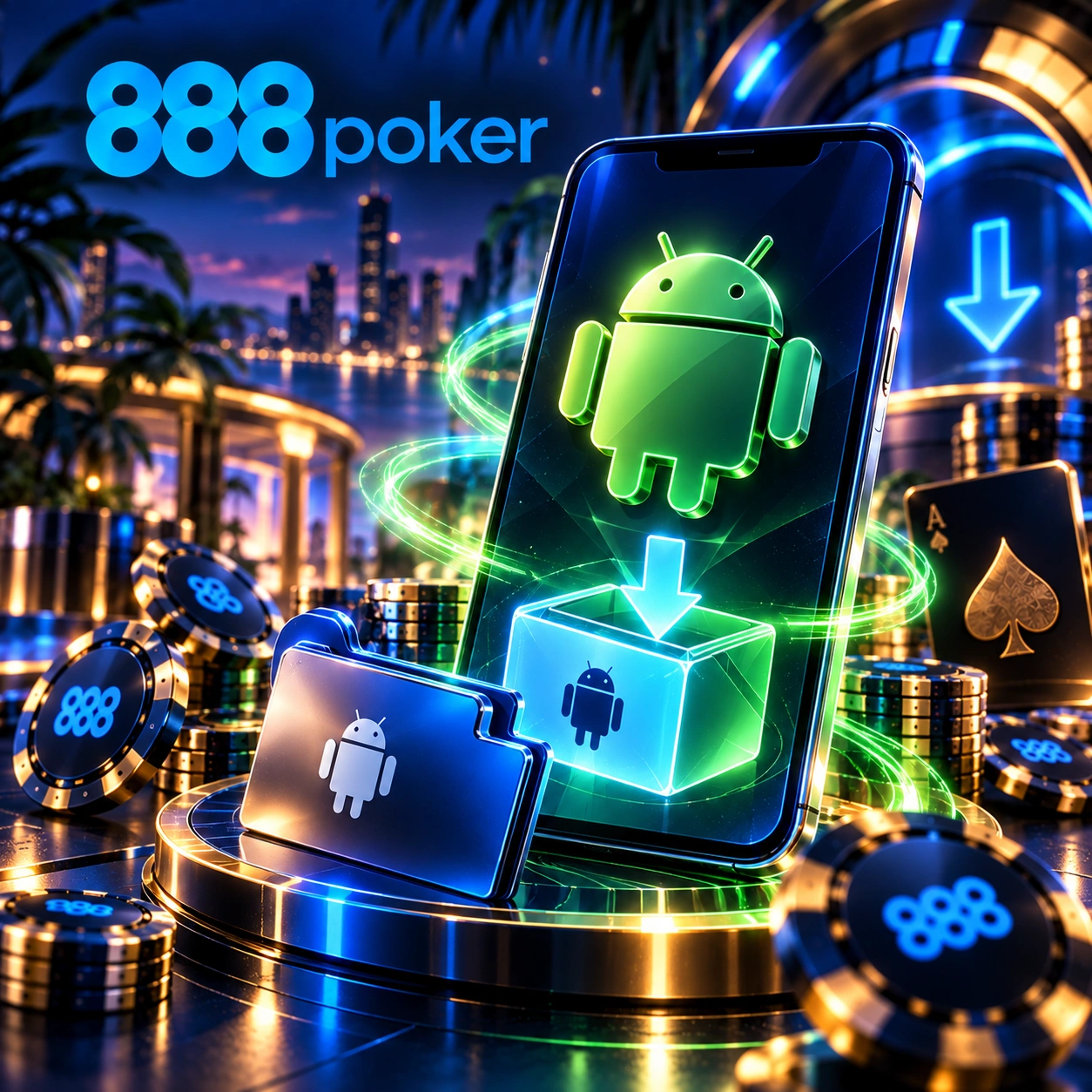 888poker APK download for Android with smartphone, Android icon and app installation symbol.