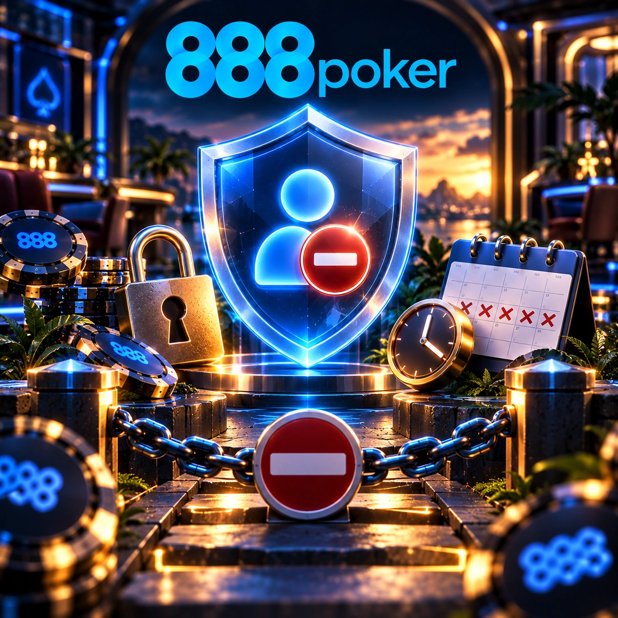 888poker self-exclusion with a protective shield, account lock, restriction calendar and access control.