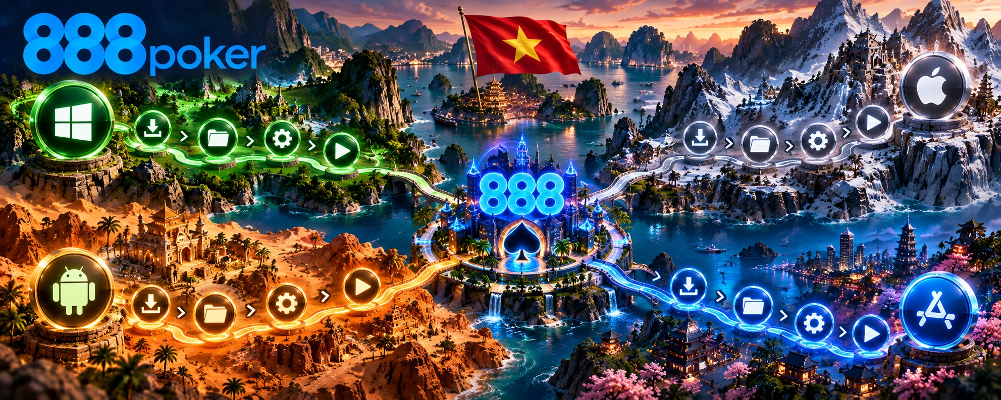 888poker in Vietnam - installation paths for Windows, Mac, Android and iOS leading to the poker account.