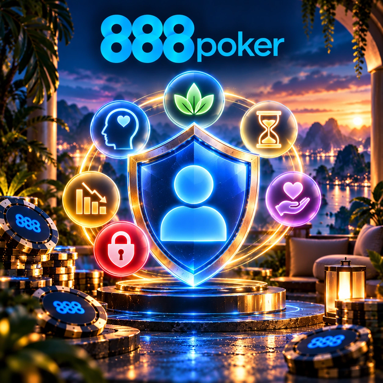 888poker responsible gaming with a protective shield, time management, player wellbeing, account security and support icons.