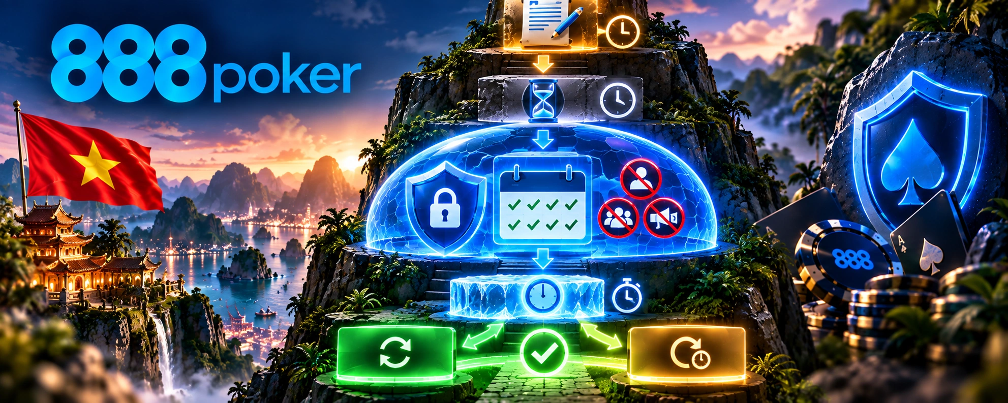 888poker self-exclusion and account reactivation journey with restriction, cooling-off period and secure return options.